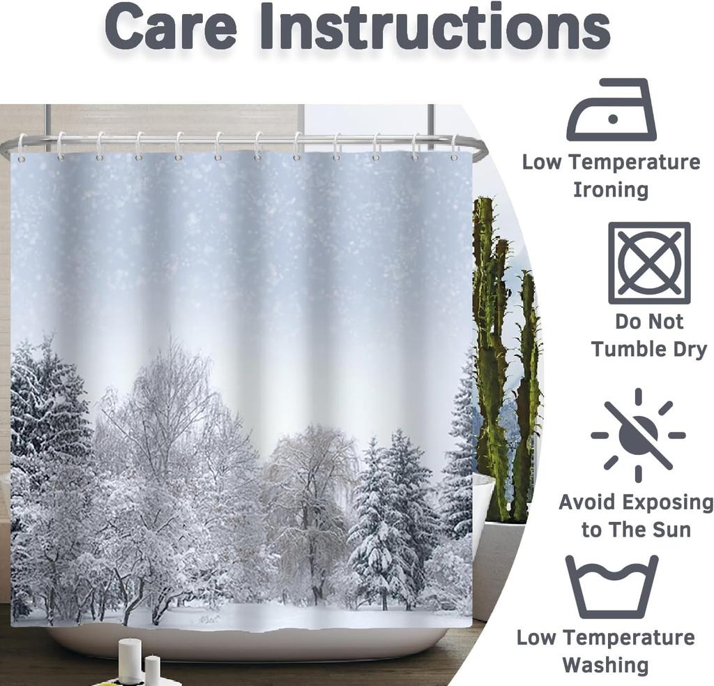 Shower Curtain Winter Snowy Forest Trees Landscape Christmas Holiday Bath Decor Waterproof Fabric Seasonal Design Home Interior