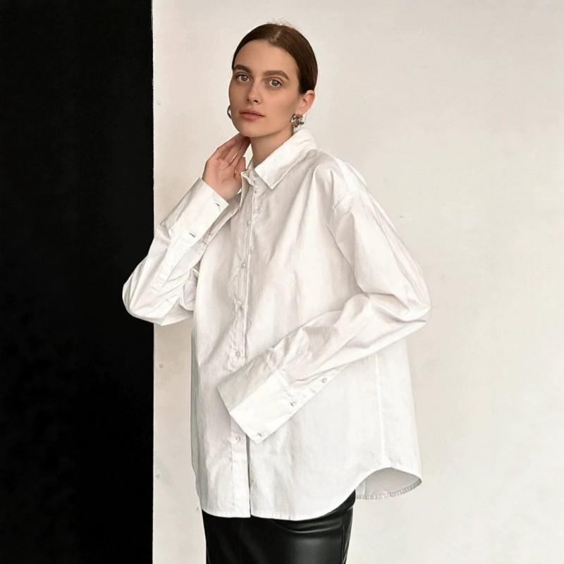 Womens Loose Fit Cotton Button-Down Shirt White Casual Office Blouse 2026