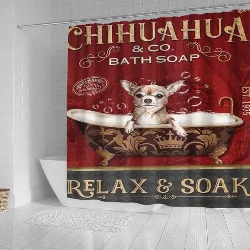 Zasłona Prysznicowa z Psem Chihuahua,   Relaksujący i Leżący w Modnym Spa Wellness Szczeniak Komiksowa Tkanina Zestawy Dekoracji Łazienkowych