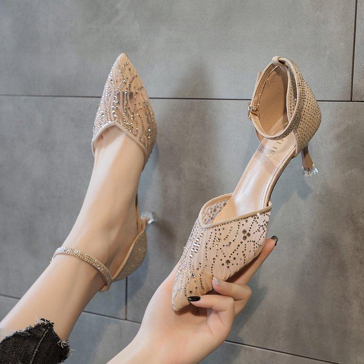 Mesh hollowed-out bag head sandals women's summer 2025 summer new middle heel one-word strap high heels stiletto single shoes