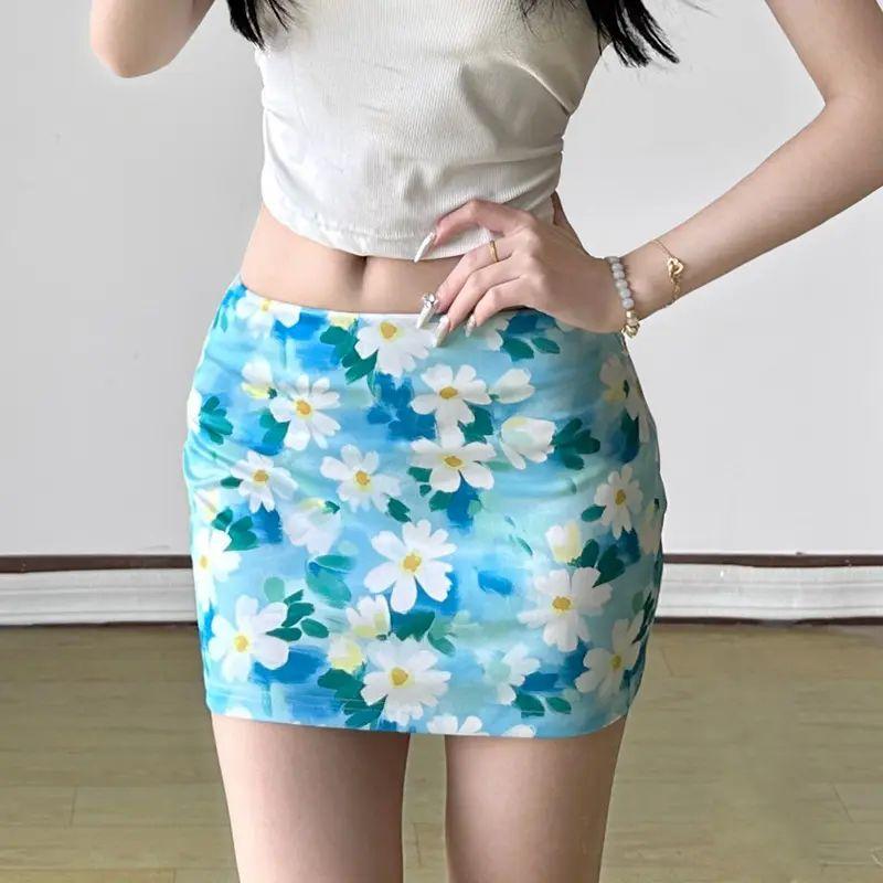 

Summer Holiday Style Hip Skirt Fresh Sweet Flower Skirt High Waist Slimming Versatile Sexy Sheath Short dress Women Blue suit skirt M