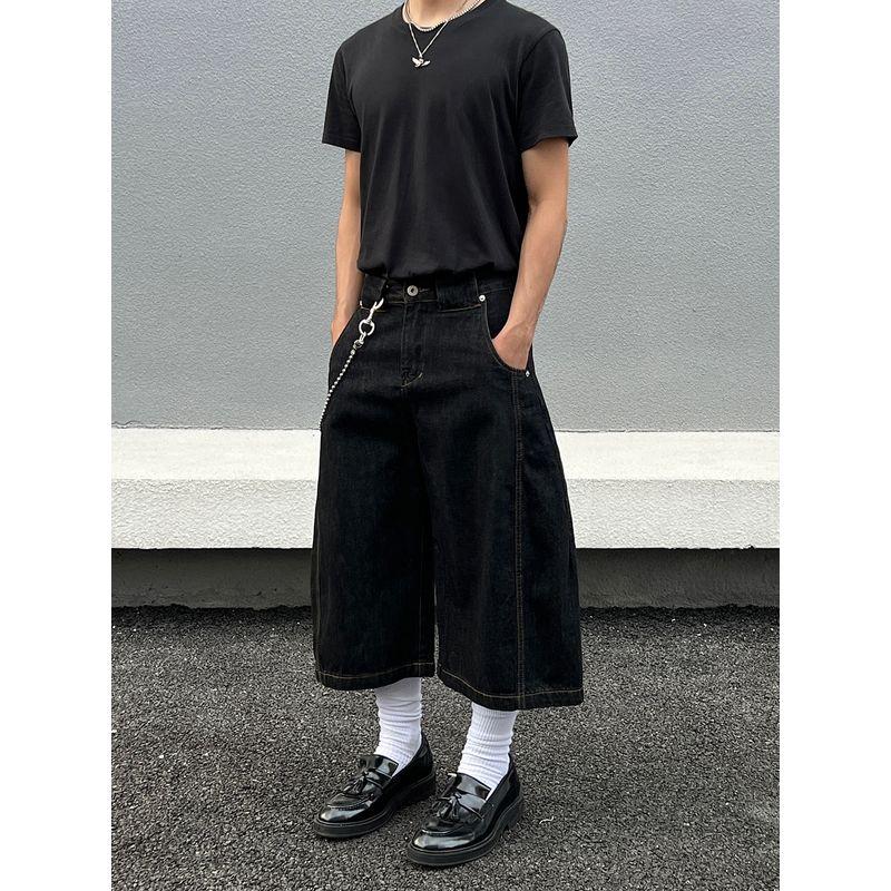 Blaeixit American Profile Original Cow Color Baggy Cropped Jeans Men's Loose Casual Black Wide Leg Shorts