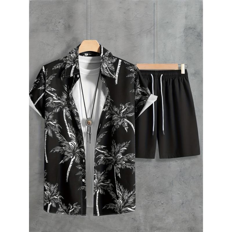 Men's Beige Tropical Leaf Print Shirt and Shorts Set Summer Vacation Wear