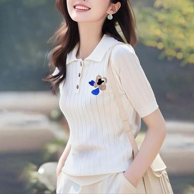 Summer Breathable Vertical Stripe Knit Hollow Out Tipped Collar Jacquard Top