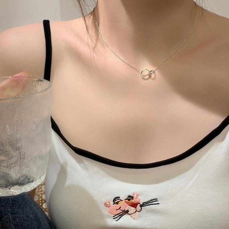 S925 sterling silver double ring necklace Korean version versatile commuter interlocking pendant simple high-end exquisite collarbone chain