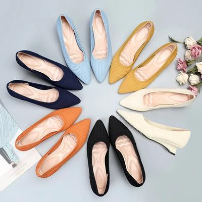 Fashion Women High Heels Shoes Fashion Knitted Mesh Breathable Slip On Strange Heels Pumps Female Ballet Shoes Pointed Toe Loafers 2024