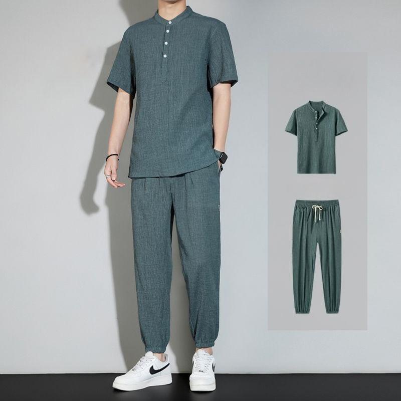 Plain Man Trousers Sets Linen T-shirts Pants Suits for Men Loose Tee Stretch Novelty In Regular Fit Casual Basic