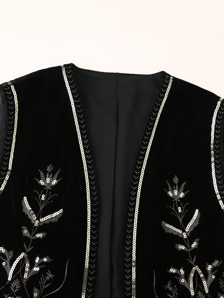 European and American Women's Sequin Embroidered Velvet Cardigan Vest