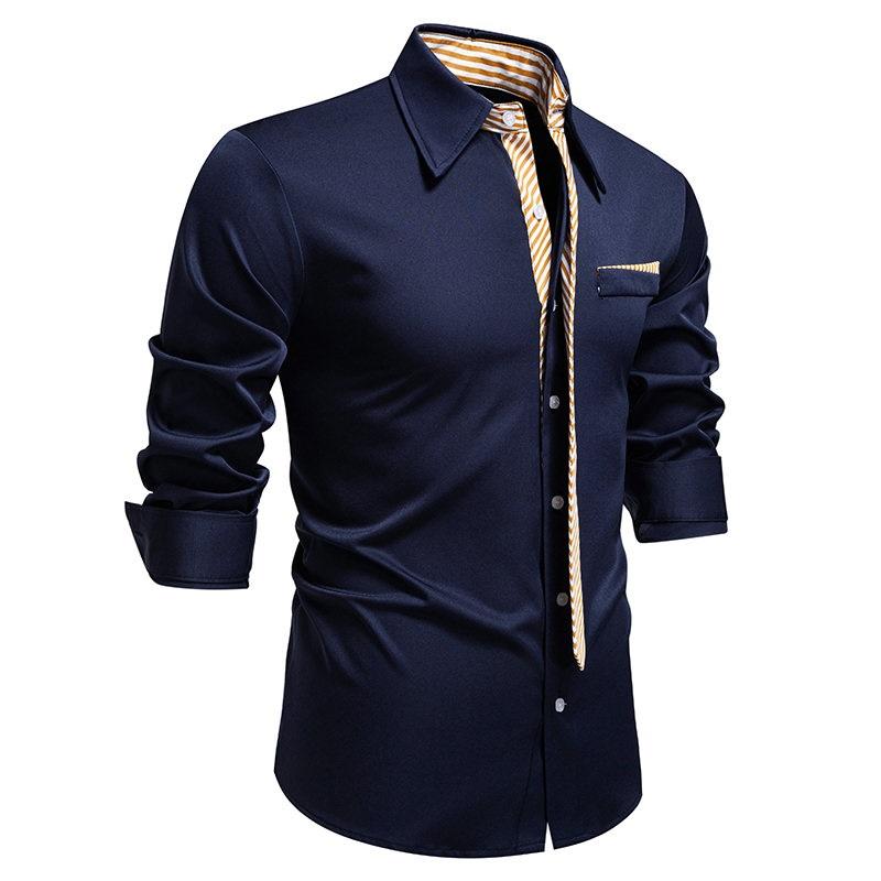 Autumn Men's Fake Tie Long Sleeve Shirt Men New Fashion Special Design Solid Shirts Male Versatile Casual Social Wedding Party