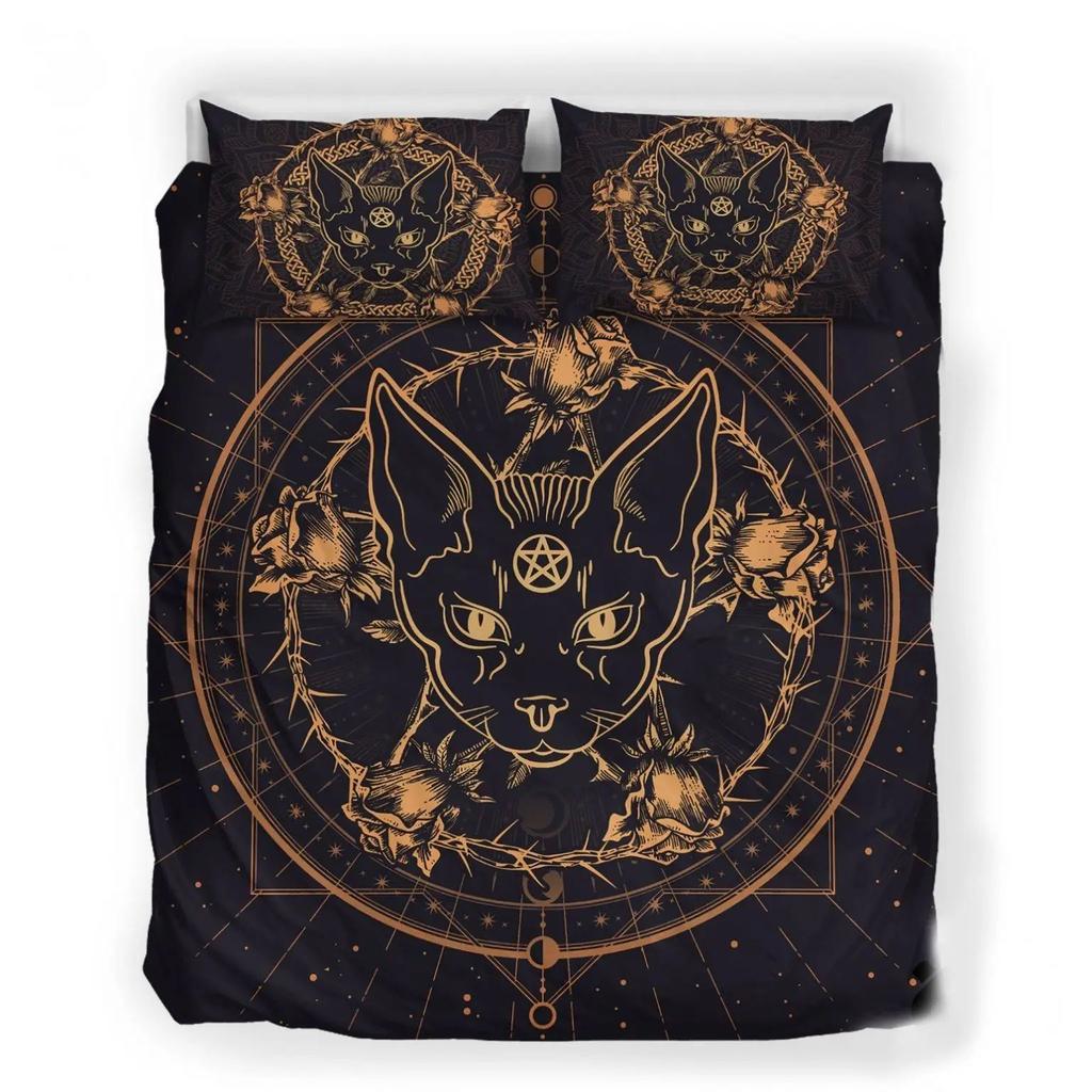 Geheimnisvolles Schwarze Katze Bettbezug-Set Gothic Schwarze Katze Bettwäsche-Set Doppelbett Dreiteiliges Set
