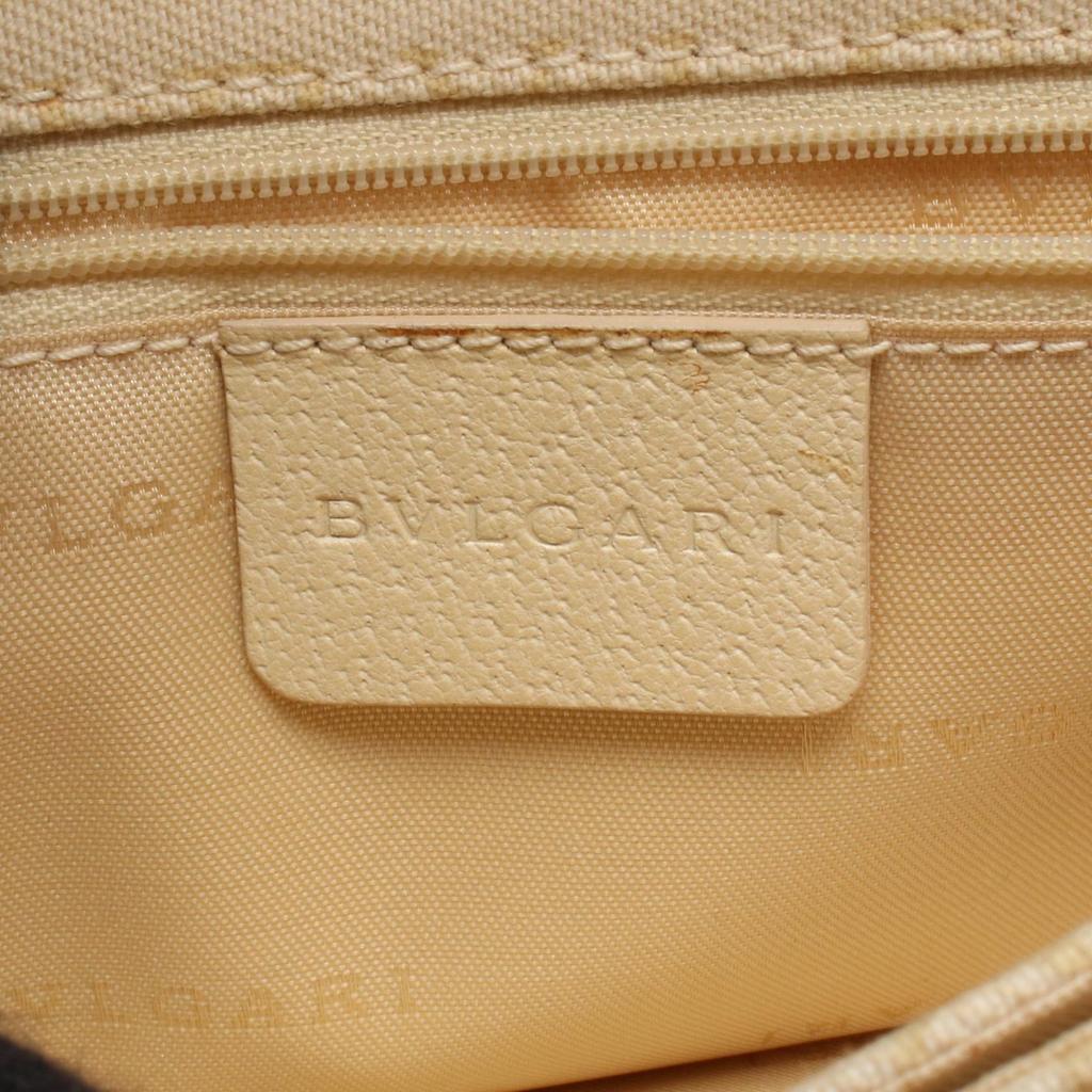 Used BVLGARI Logo Mania Handbag Canvas Leather Beige Beige Used Women