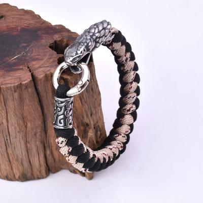 Bracelet tête de serpent Viking en acier inoxydable pour hommes, fait à la main, corde de parapluie tressée, Bracelet de survie en plein air