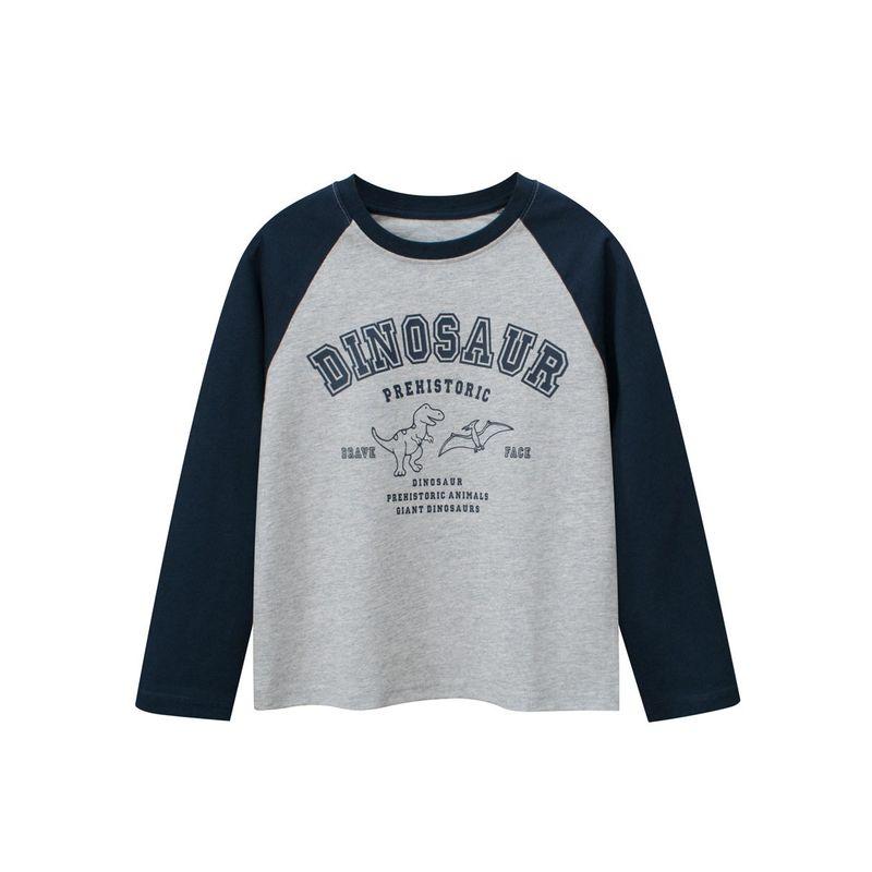 New Korean-Style Spring Tops for Older Children, Children's Clothing, Boys' Cartoon Dinosaur Long-Sleeve T-Shirt, Raglan Pure Cotton Base Shirt