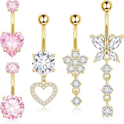Heart-Shaped Rhinestone Belly Button Ring 5-Piece Set
