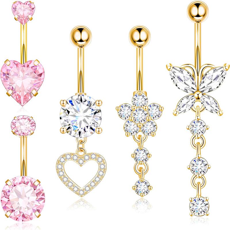 Heart-Shaped Rhinestone Belly Button Ring 5-Piece Set