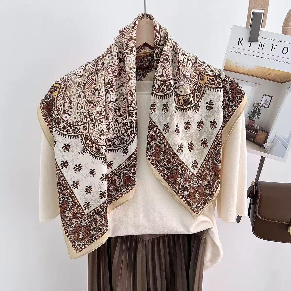 Винтажный Легкий Роскошный Цветочный Елочка Искусственный Шелк Маленький Квадратный Шарф 60-80cm