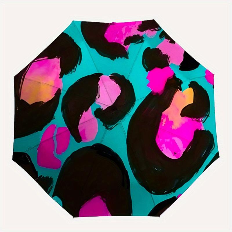 1pc Neon Leopard Print Automatic Folding Umbrella - 8-Rib Iron Frame, Windproof, Portable Sunshade with Plastic Handle for Travel & Outdoor
