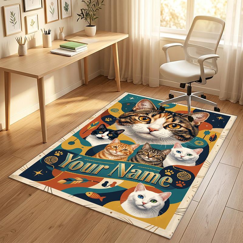 Cat Theme Crystal Velvet Rug Personalized Custom Name Text Soft Floor Mat Home Decor