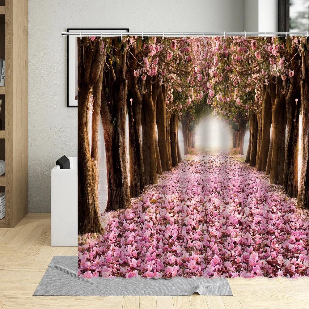 Flower Plant Landscape Shower Curtain Cherry Blossom Waterfall Green Forest Manor Arch Bridge Ocean Scenery Bathroom Curtain Set