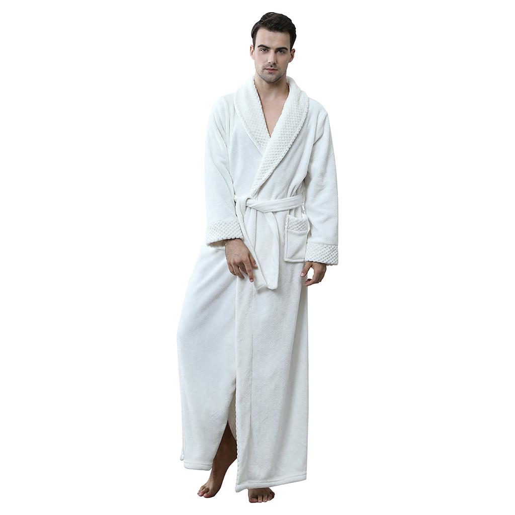 Mens Solid Thicken Velvet Robe Bathrobe Gown Pajamas Sleepwear Pocket Waistband