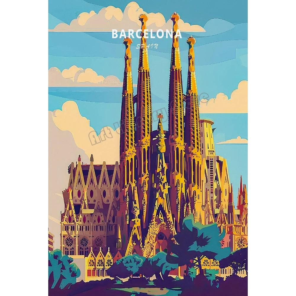 Retro Spain Cityscape Poster Nordic Style Canvas Print Coastal Architecture Art for Wall Decor
