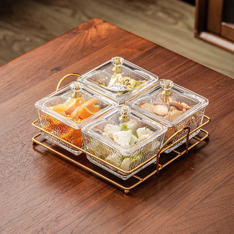 Hammered Glass Divided Snack Platter Set with Lid and Stand