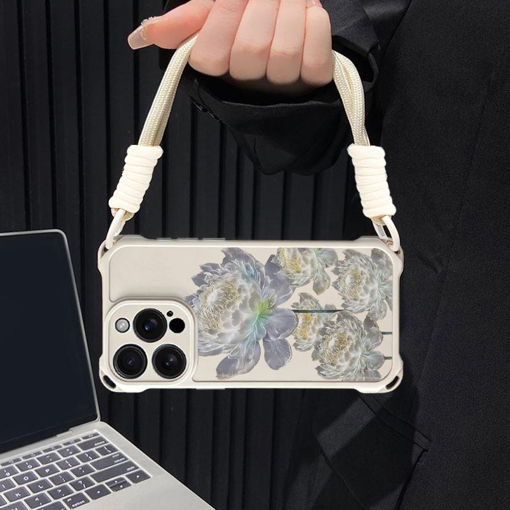 

Wrist Strap Phone Case for iPhone 17 Pro Max 16 15 14 12 Lotus Flower Silicone TPU Soft Bumper Lanyard Strap Rope Cover Bags iPhone 12