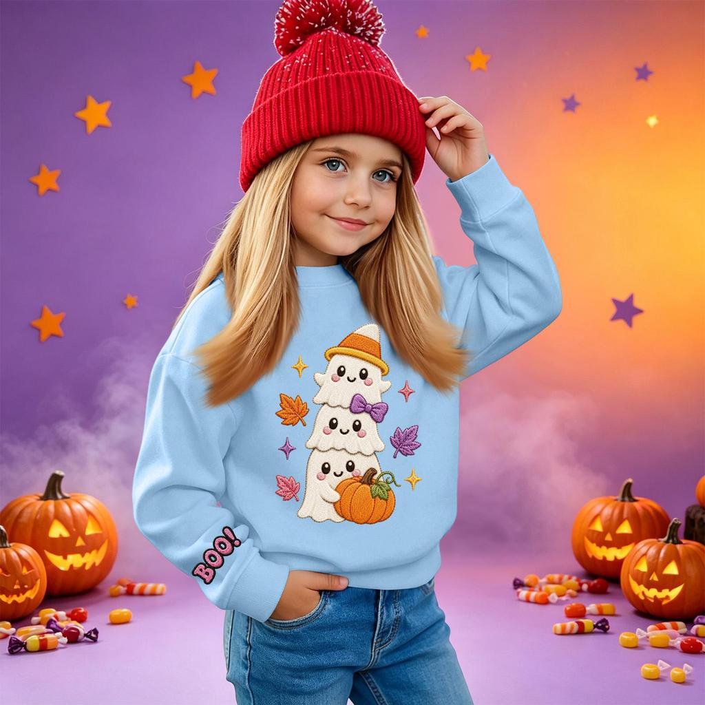 Kids' casual long-sleeved sweatshirt with Halloween print, suitable for holiday parties and everyday wear.