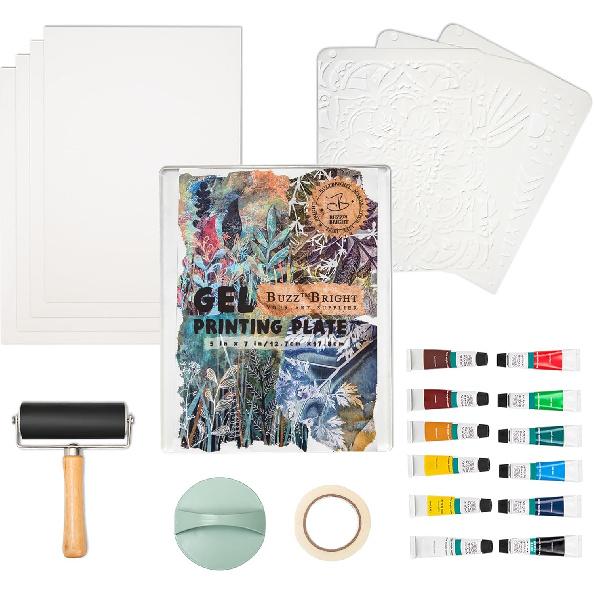 Набор для гелевой печати BuzzBright, Полный набор для гравюры с желатиновой пластиной 5”X7”, Валик, Бумага для печати, Акриловая краска и Основные принадлежности