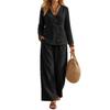 2026 Autumn Women's Linen V-Neck Button Long Sleeve Top Wide Leg Pants Casual Two-piece Set