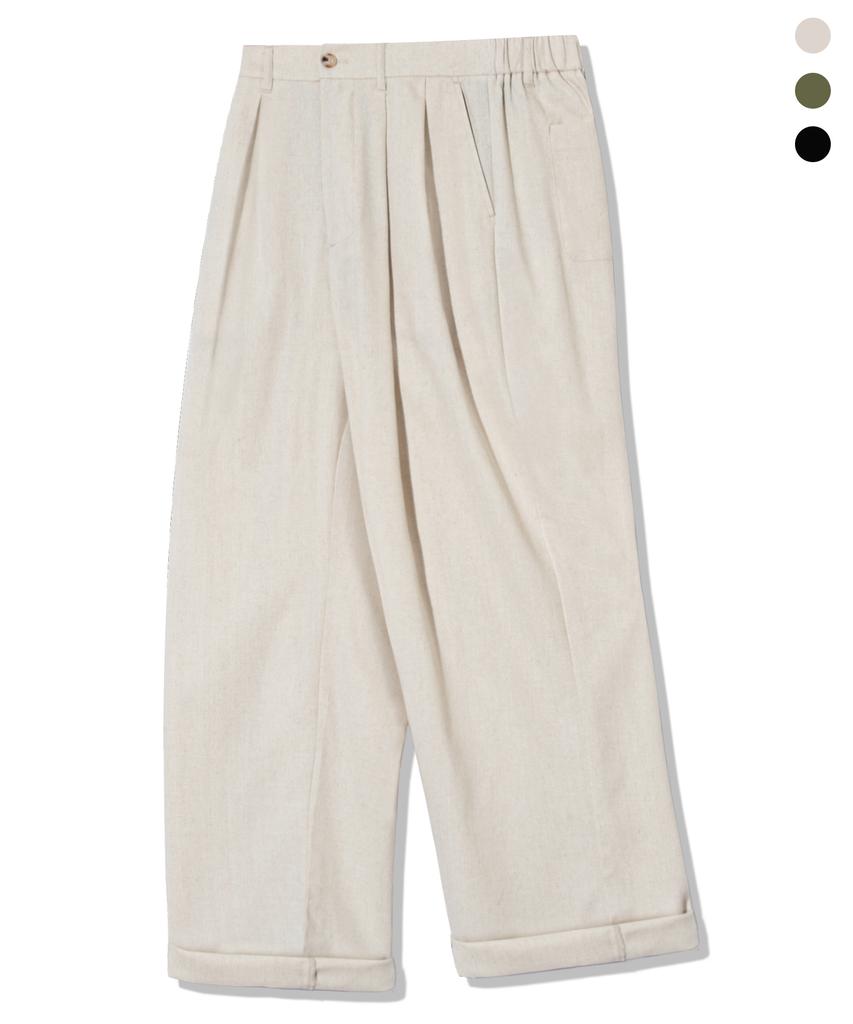 TRILLION [2Pack] Double-Pleat Tapered Linen Wide Elastic Waist Pants_3Color