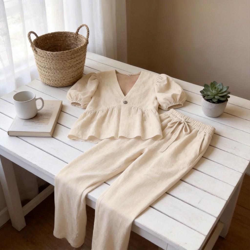 French Sweet Style Solid Vneck Bubble Sleeve Pantsuit With Tie For Summer Casual Wear