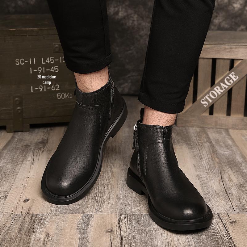Men's Trendy Korean Style Warm Leather Ankle Boots - Autumn/Winter Martin Round Toe Zipper Mid-Top British Style