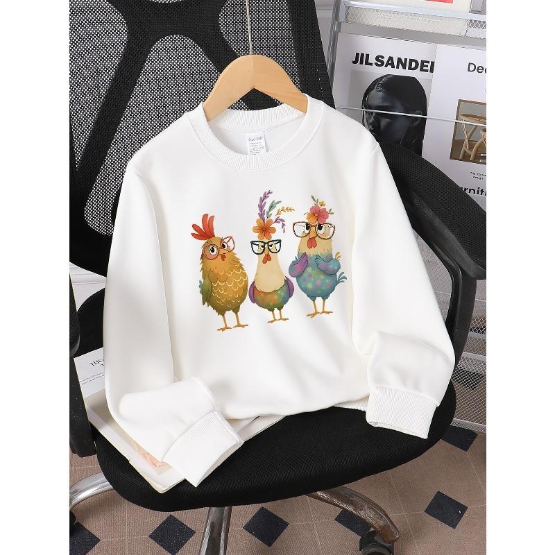 Girls' Long-Sleeve Round Neck Sweatshirt with Printed Design Funny Chicken Print Suitable for Spring And Autumn, Fashionable And Casual