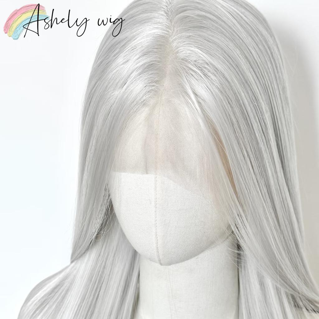 Silberfarbene Spitze Front Perücke 13x4 Lang Gerade Weiße Spitze Front Perücke Hochtemperaturfasern Synthetische Spitze Front Frontal Cosplay Perücken
