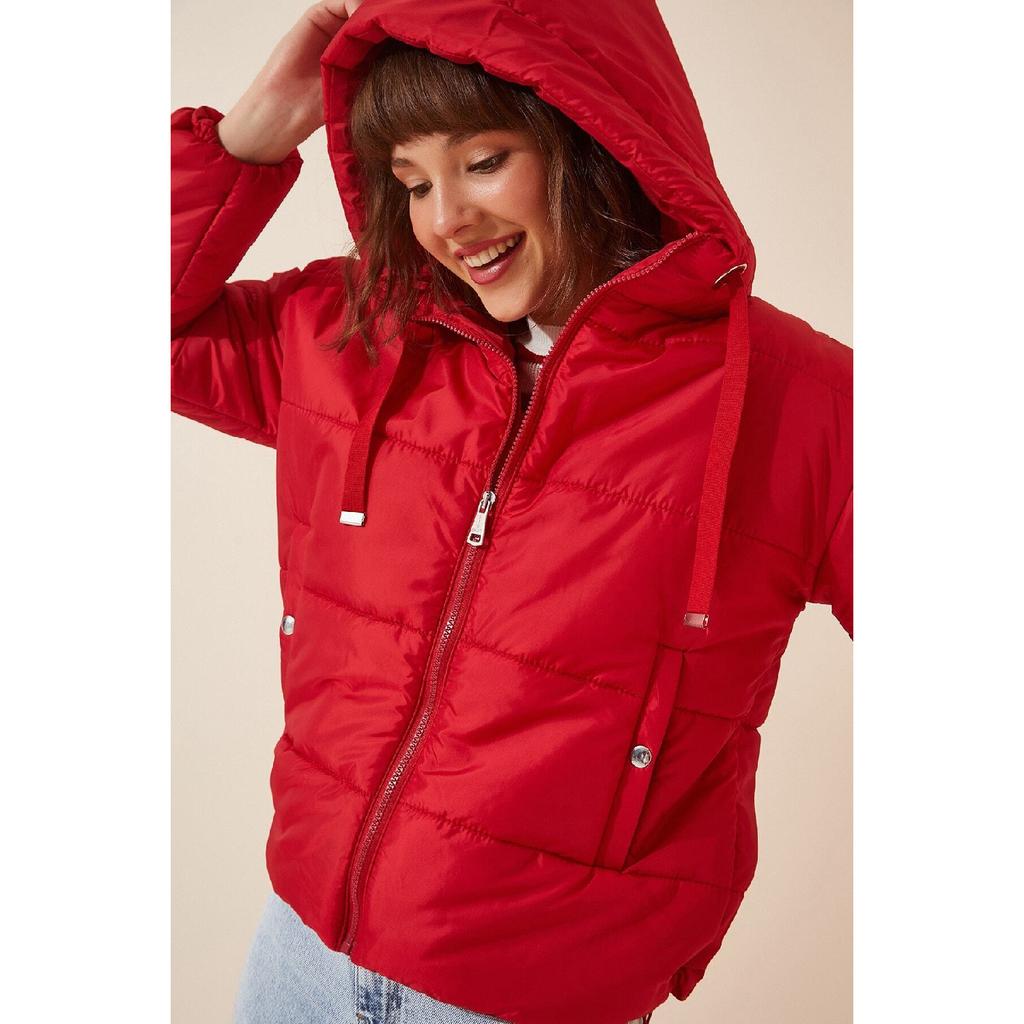 Schwarzer Puffermantel mit Kapuze und Tunnelzug für Damen Hzl22w-bd151171