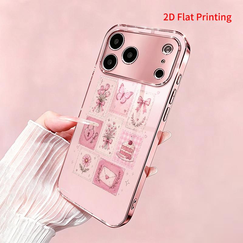 2DFlat electroplated tempered glass phone case,Pink Sticker Collage Phone Case,suitable for iPhone 18 Pro Max 17 16 15 14 13 12 11
