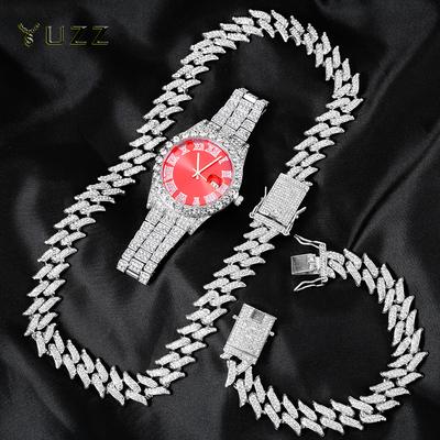 Zegarek Męski Hip Hop 3szt. Łańcuch Kubański Miami Curb Iced Out Wysadzany Cyrkoniami Raper Kubański Naszyjnik Garnitur Zegarek Bransoletka Biżuteria