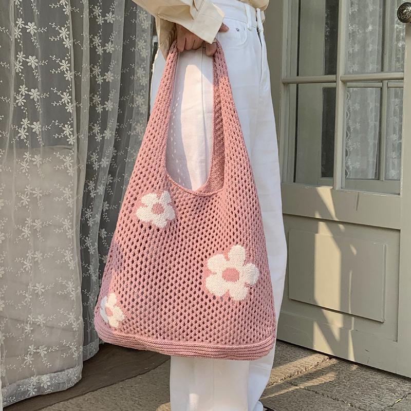 Yogodlns Fashion Sweet Flower Knitted Hollow Tote Bag Large Capacity Shopping Bag Ladies Simple Retro Shoulder Bag Handbag for Women