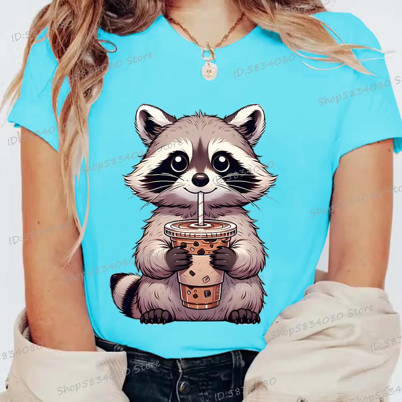 Summer Round Neck 3D Raccoon Pattern Print Top Fashionable Casual Short Sleeved Women's T-shirts