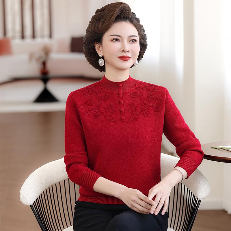 Mom's 2025 Autumn Chinese Style Sweater for Middle-Aged Women, Warm Velvet Knit, Age-Reducing for Winter/Autumn