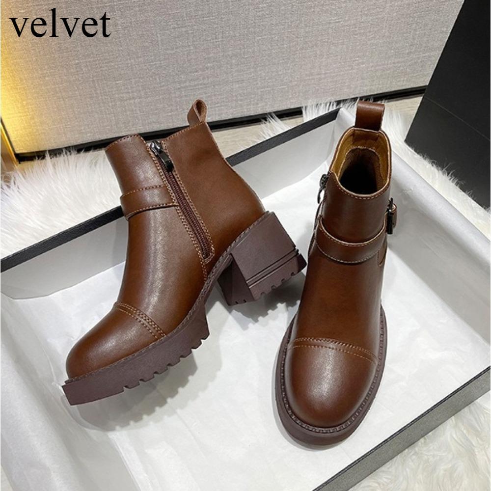 

Женские кожаные ботинки на платформе, новые британские туфли на высоком каблуке, с небольшой высотой, на толстом каблуке, короткие ботинки, зимние бархатные туфли для женщин 40