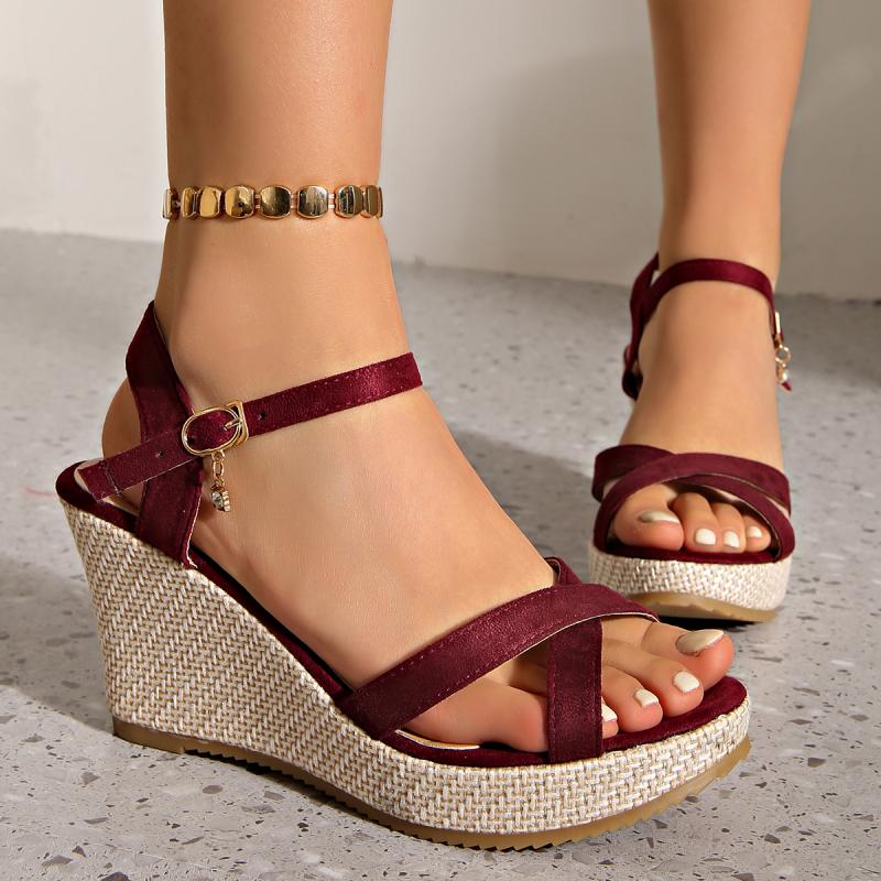Vintage Brown Suede Cross Strap Wedge Heel Sandals Women Summer Round Toe High Heel Ankle Strap Sandals Bohemia Soft Sole Shoes