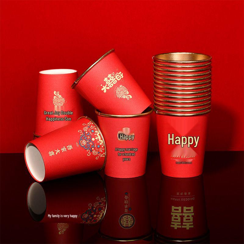 Disposable Gold Foil Wedding Tea Cups: Thickened Red Festive Collection
