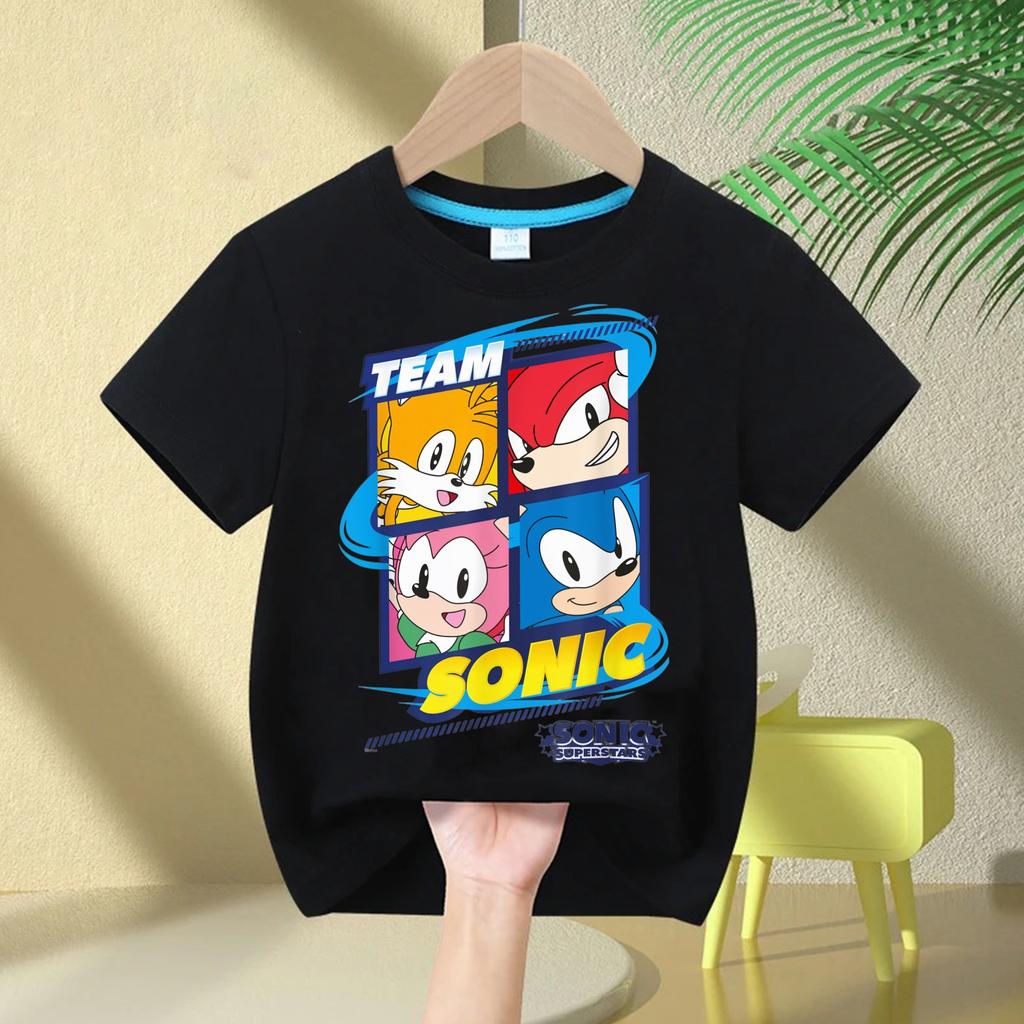 2026 Cartoon Boys' Round Neck Comfortable Short Sleeve Sonic The Hedgehog Children's Pure Cotton T-Shirt Girls' Breathable Top