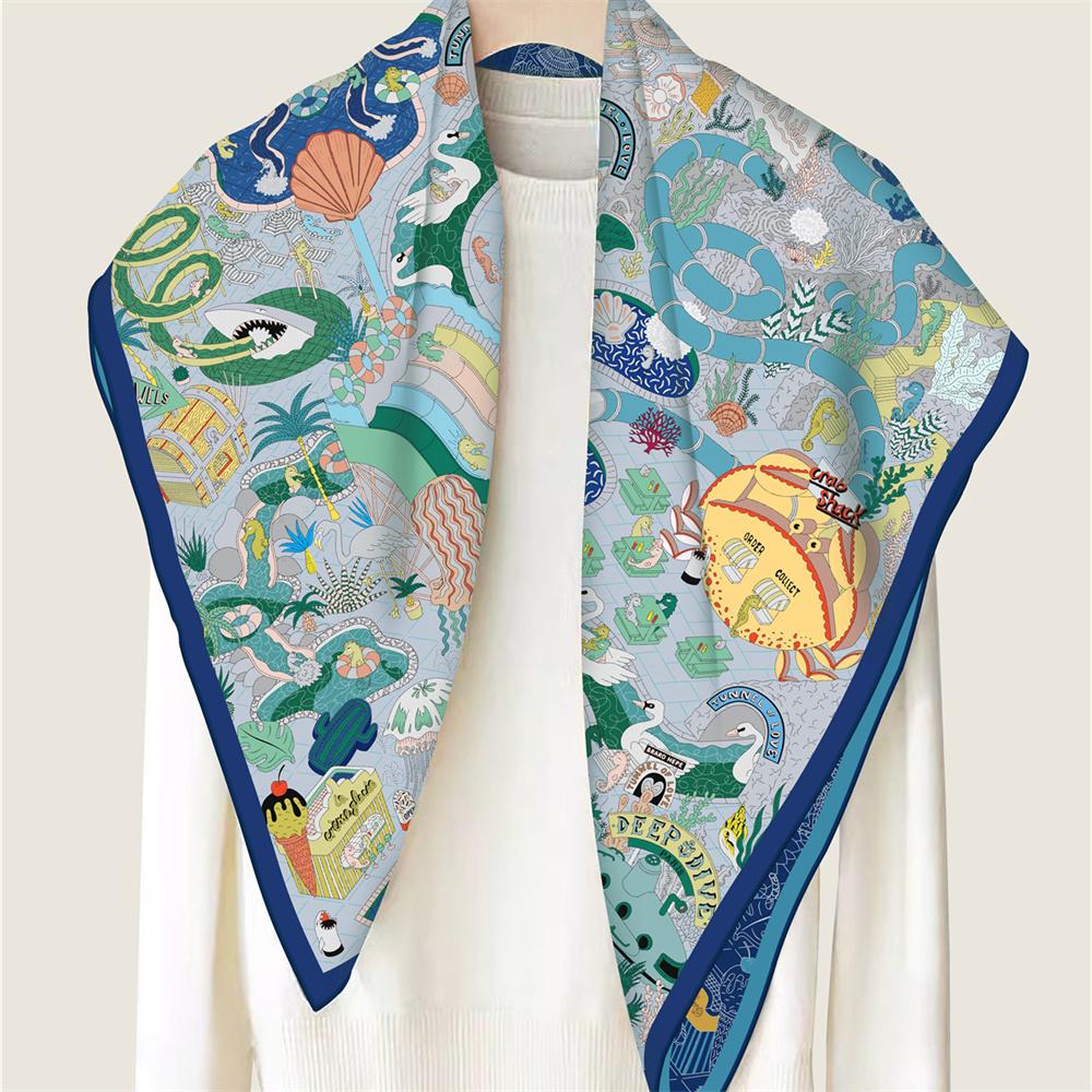 POBING Manual Hand Rolled Twill Silk Scarf Women Ocean Park Double Print Square Scarves Wraps Echarpes Foulards Femme Hijab 90CM