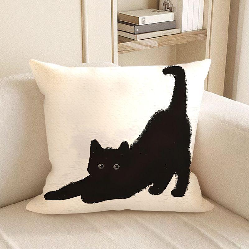 Cute Black Cat Cartoon Throw Pillow Cover - Minimalist Animal Home Decor