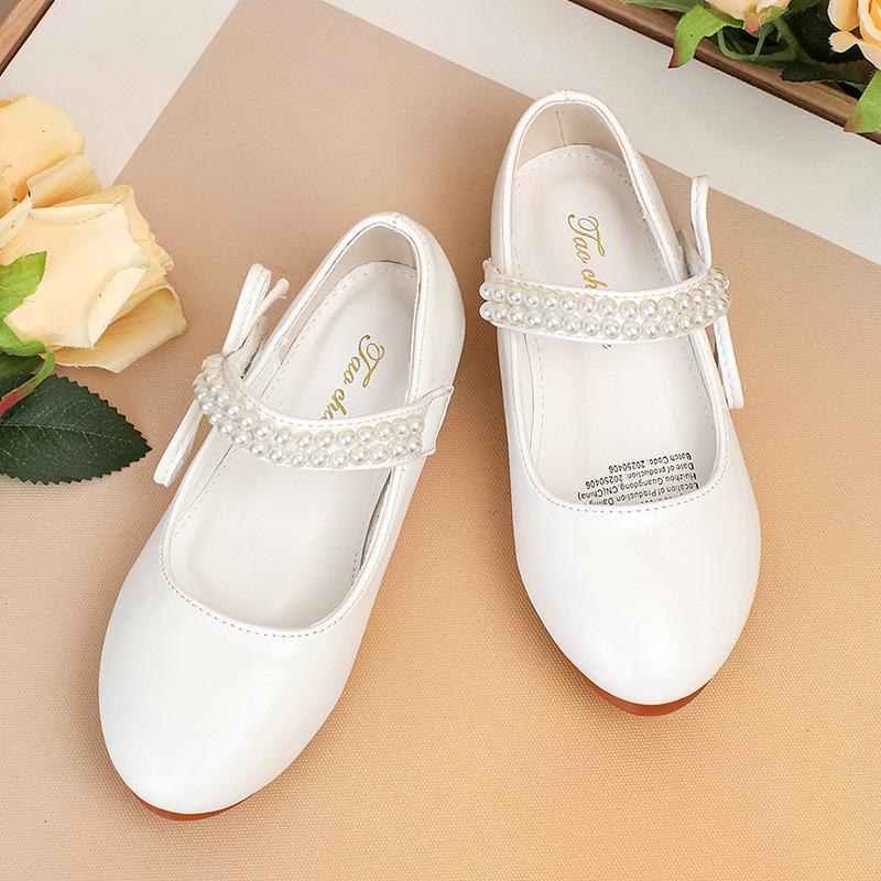 Weiße Leder Ballerinas für Mädchen: Frühlings- und Herbst-Blumenmädchenschuhe mit Perlen