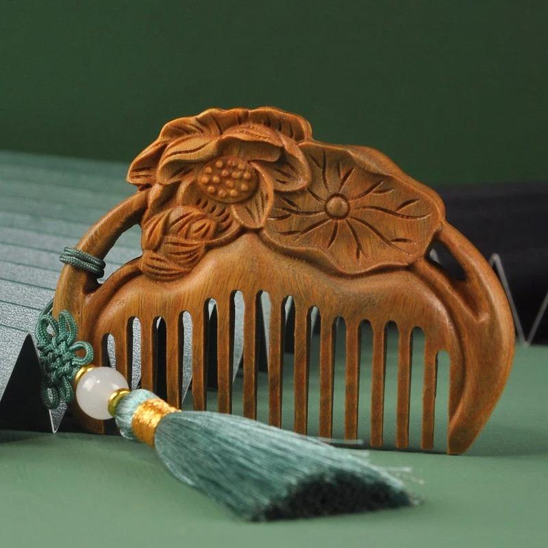 Carved Lotus Pattern Hollow Out Wooden Comb Handmade Decorative Portable Massage Hair Combs with Tassels Natural Sandalwood Comb