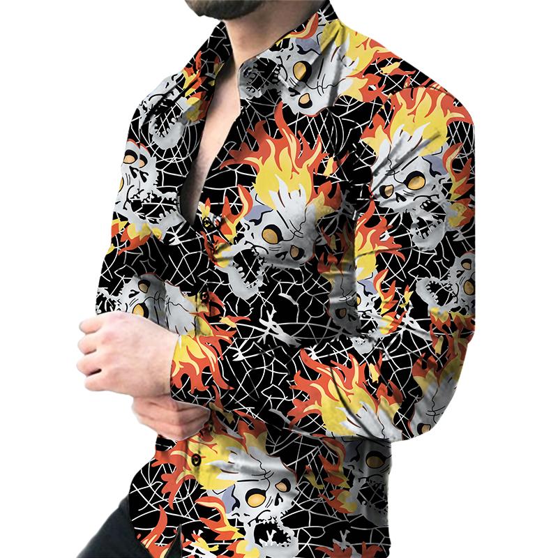 

3D Skull Print Men s Long-sleeved Stretch Shirt Vacation Party Shirt S синий